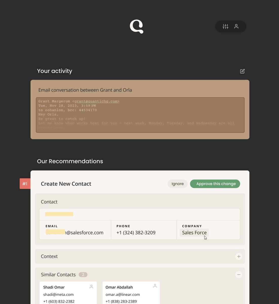 Quantic activity view