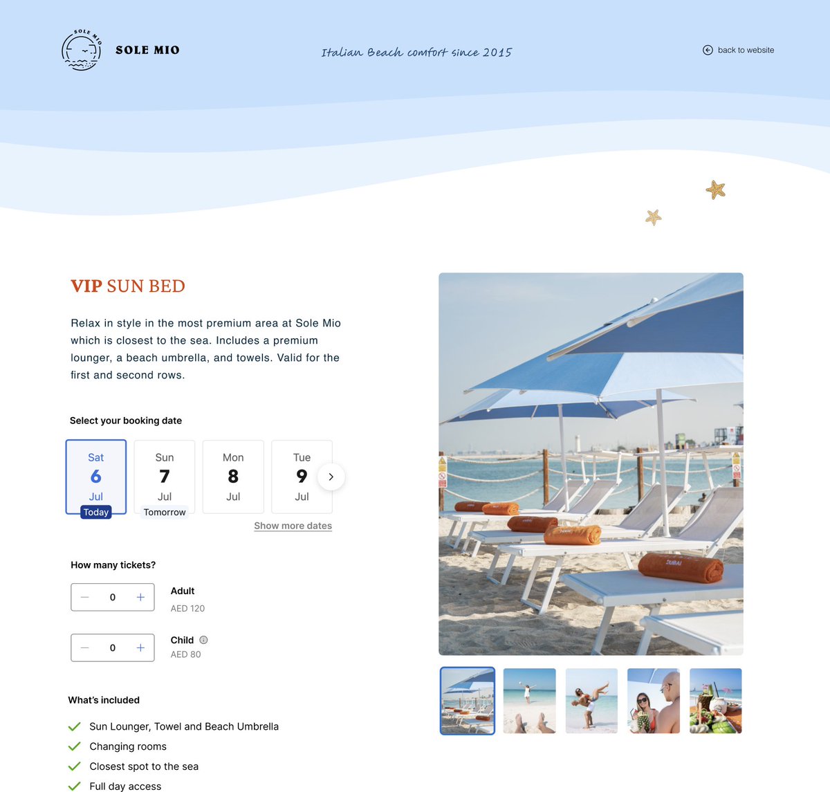 Sole Mio VIP sun bed booking page